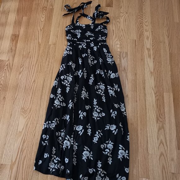 $130 NWT women Emerson Tie-Strap Maxi Dress Abercrombie Black embroidered XXSP - Picture 4 of 7